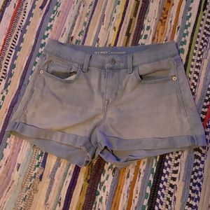 Light blue wash jean shorts.